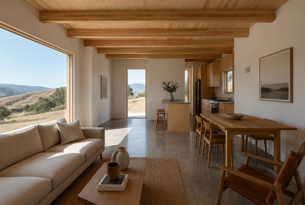 Interior de una casa en panel SIP con cielo de madera y ventanal al valle