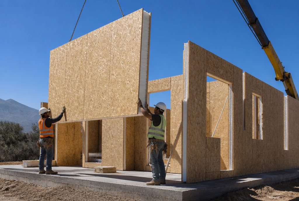 Montaje de una casa en panel SIP: una grúa posiciona un panel sobre el radier